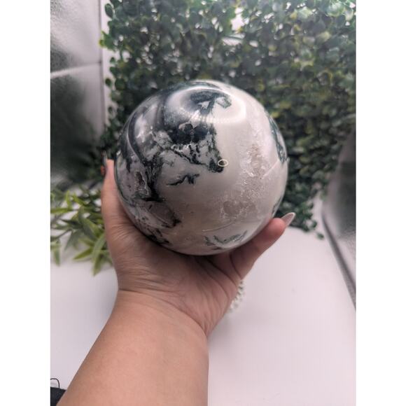 High Quality Moss Agate Sphere Druzy Cave Crystal witch Natural Statement Piece - Picture 8 of 8